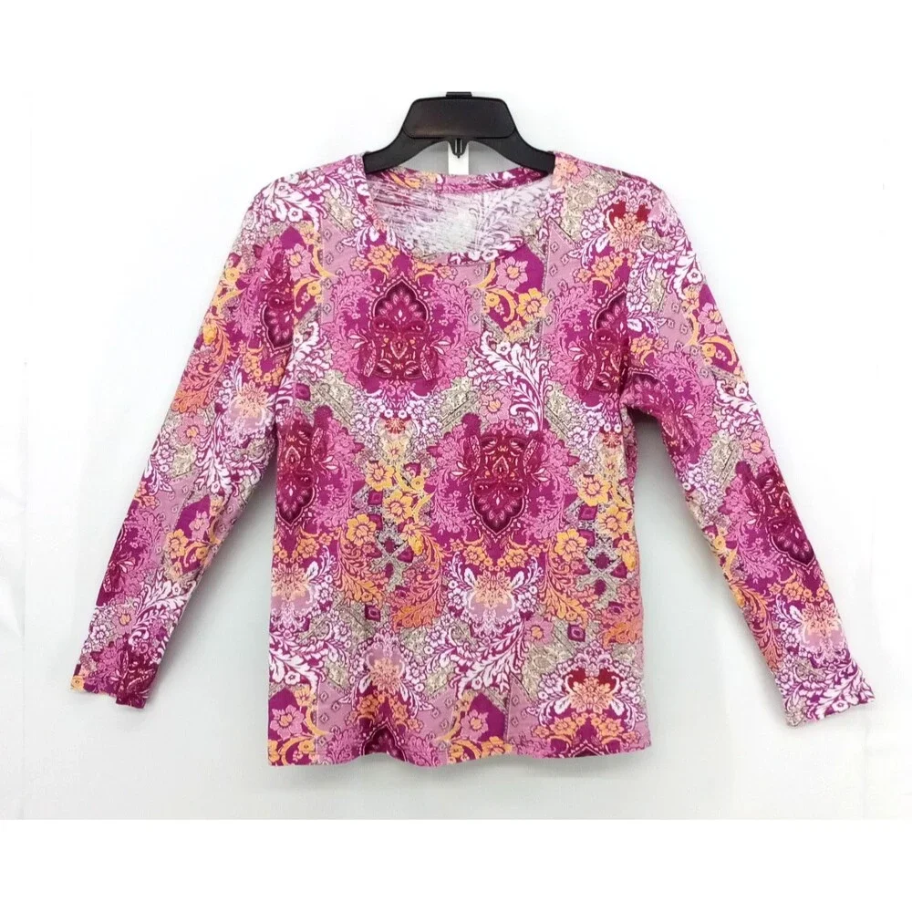 Blue Sol Shirt Womens Large Pink Floral Long Sleeve Round Neck Lightweight Top